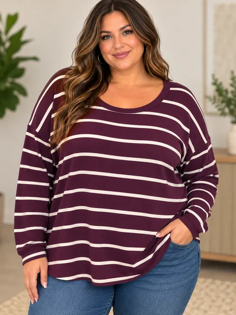 Burgundy Striped Long Sleeve Scoop Neck Top
