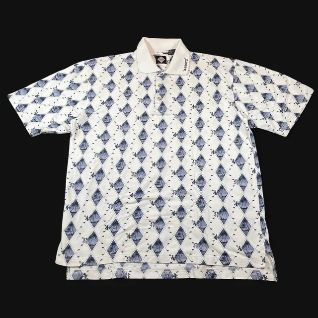 Tabasco Golf Polo Shirt White Blue Argyle Palm Tree Size XL