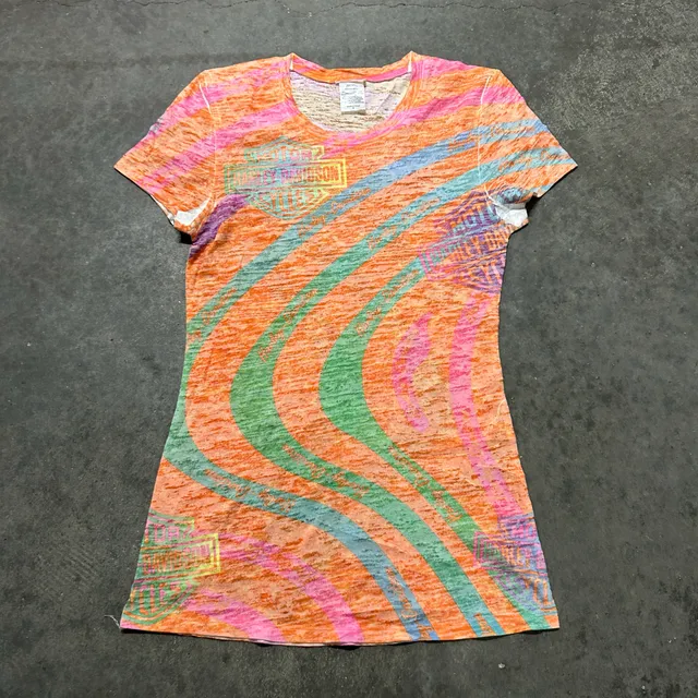 Harley Davidson AOP Neon Rainbow Burnout Graphic T Shirt Y2K Biker Moto