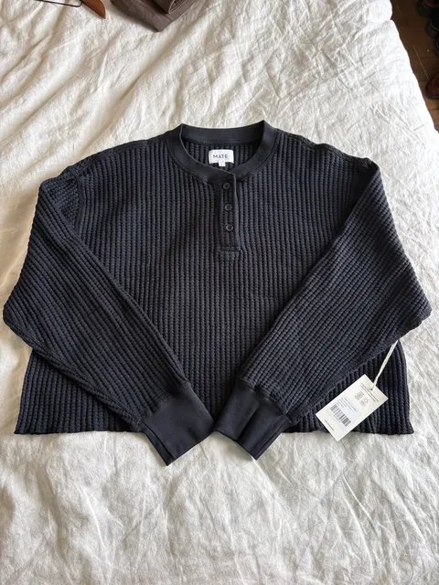 Mate The Label Waffle Cropped Henley Size S Black