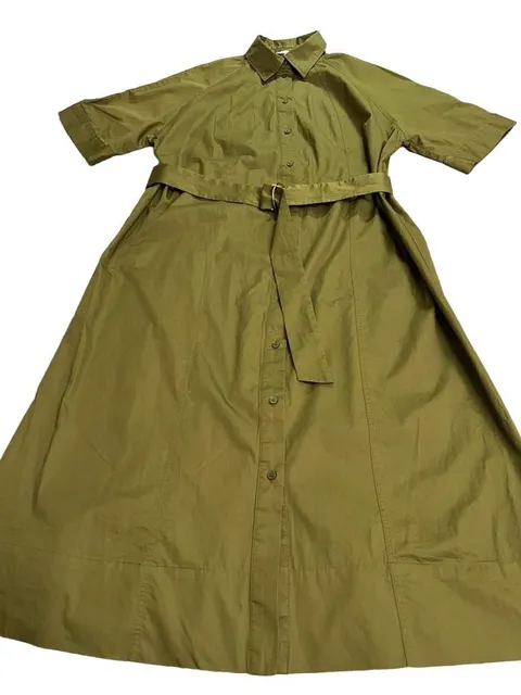 H&M Women’s Olive Green 100% Cotton Belted Midi Shirt Dress Size L