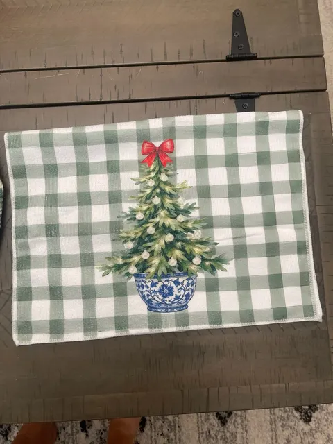 Chinoiserie Christmas Tree Green Gingham Kitchen Towel