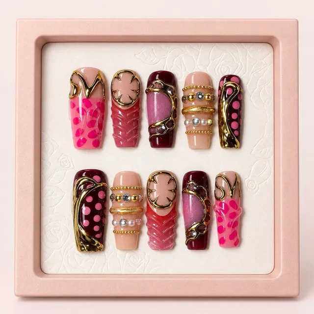 Reusable Pink Gold Press On Nails Size S Square Rhinestone 3D Set #009