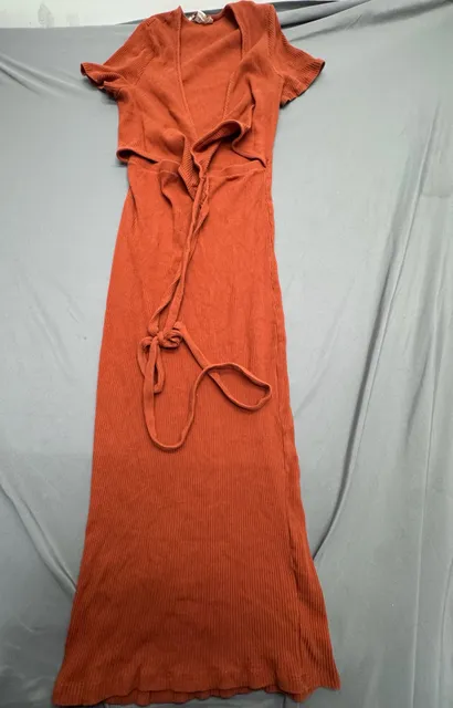 FP Beach Midi Dress Size L Orange Ribbed Tie Front Cutout