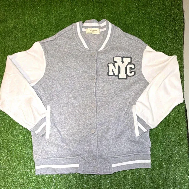 No Comment NYC Varsity Jacket Size S Gray White Snap Front Logo