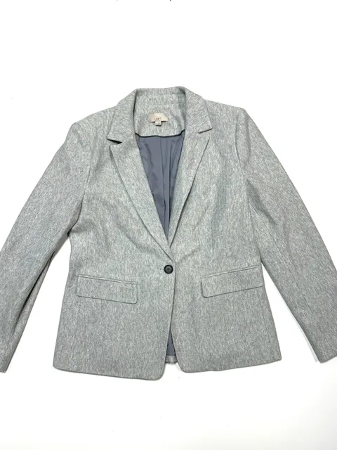 LOFT Women's Blazer Size 12 Preppy Old Money Academia Heritage Tweed Herringbone Gray Elbow Patches One Button Fitted Jacket Faux Suede Flap Pockets Career Workwear