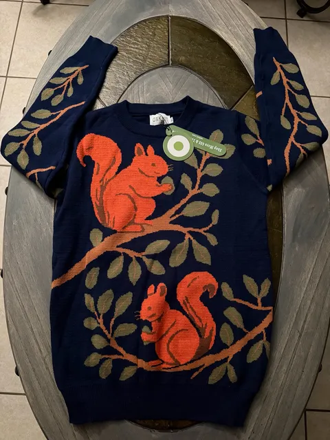Oxknit Squirrel Tree Sweater Size M Blue Red Retro Knit Top