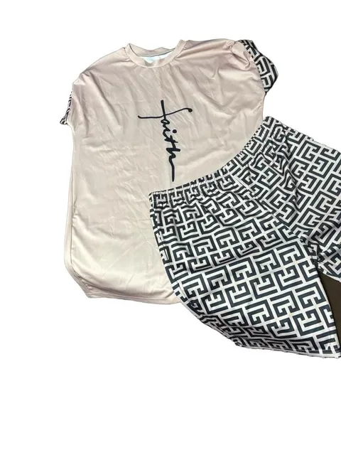 Unbranded Faith Graphic Tee and Geometric Print Shorts Set Pink Black