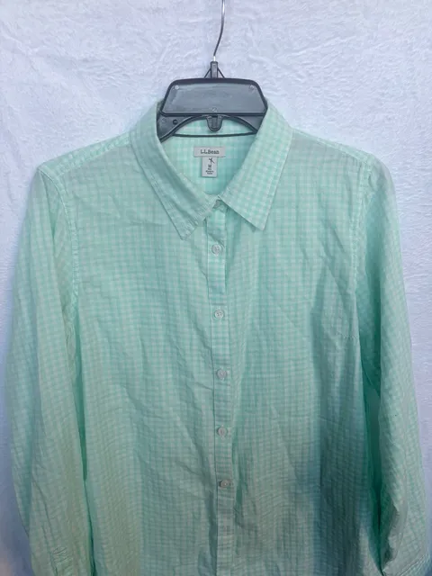 LL Bean Button Up Shirt Size M Reg Green White Gingham Long Sleeve
