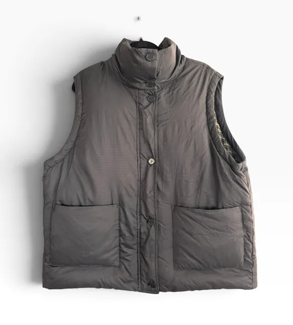 Short Sentence Reversible Down Vest Size M Gray Plaid