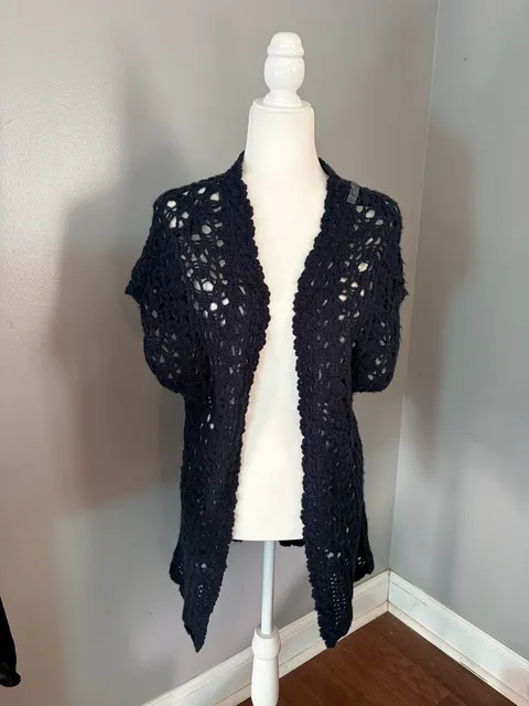 Y2K authentic 2000’s Abercrombie & Fitch Open Knit Cardigan Size L Navy Crochet Sweater