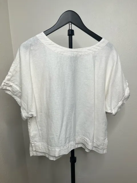White Linen Boxy Blouse Short Sleeve Fringe Trim Relaxed Coastal Top