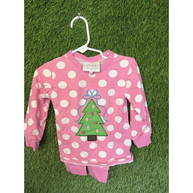 Smocked Auctions Christmas Pajamas 24M Pink White Polka Dot Tree
