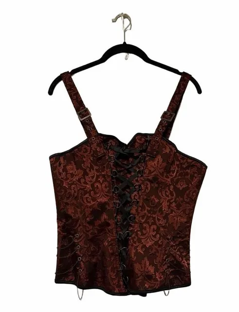 Red Brocade Corset Top with Chains and Straps