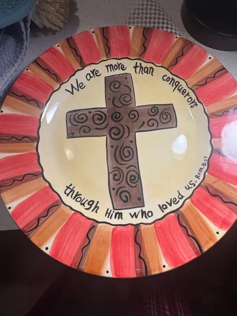 Whimsical Grace Hand Painted Decorative Plate We Are More Than Conquerors Cross