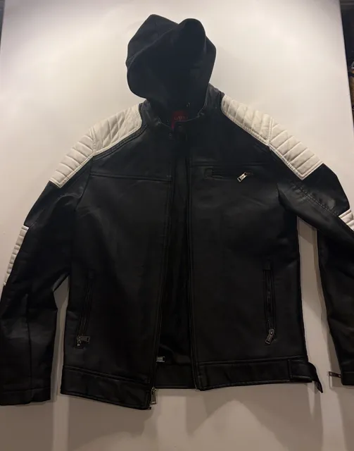Guess Faux Leather Hooded Jacket Size M Black White Quilted Biker