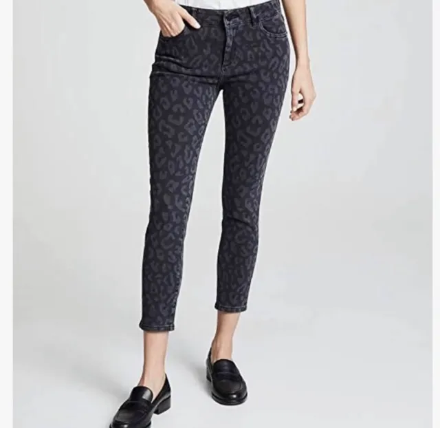 DL1961 Farrow Instasculpt Ankle Skinny Jeans Black Leopard Print size 28 raw hem