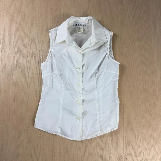 Clues Collections Sleeveless Button Up Shirt Size S White Collared Top