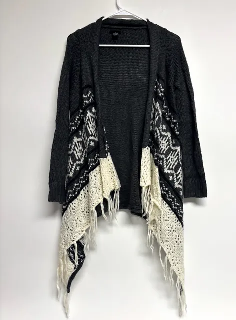 rue21 Cardigan Sweater Size S Black White Fringe Open Front