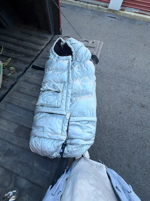 7 A.M. Enfant Stroller Footmuff Silver Metallic Puffer Fleece Lining