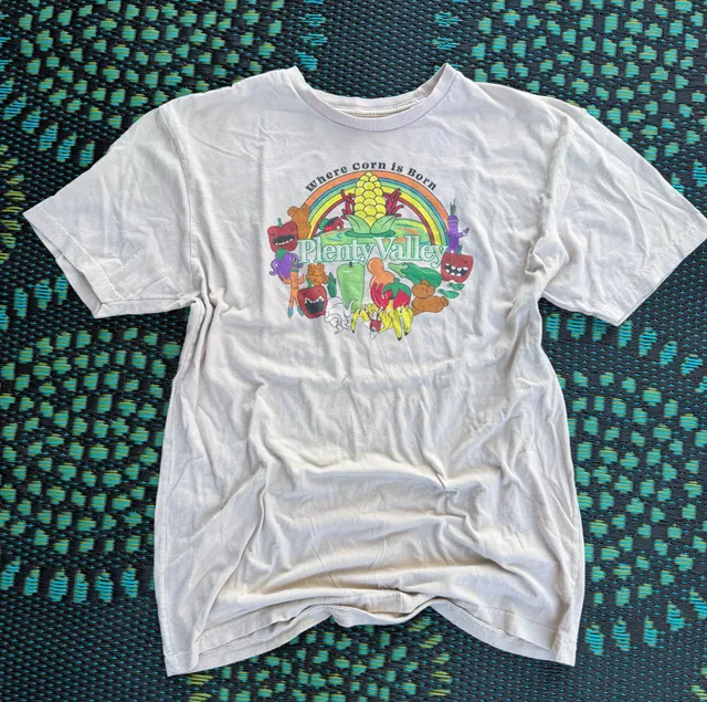 Omega Mart Where Corn is Born Plenty Valley T-Shirt Size L Tan