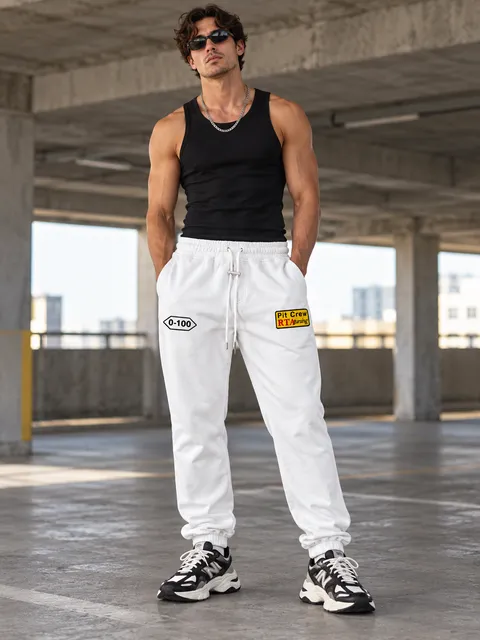 RtA Men’s Medium White Racing Graphic Joggers Pit Crew Sweatpants With Tags