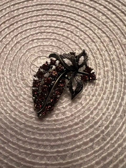 Vintage Rhinestone Fruit Leaf Cluster Pin Brooch Gunmetal Tone