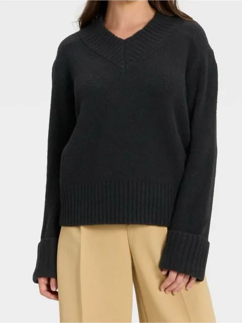 a new day Black V-Neck Ribbed Trim Sweater L