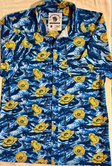 Savage Tacticians Tiger Stripe Blue Button-Up Size M Yellow Poppy Aloha Shirt