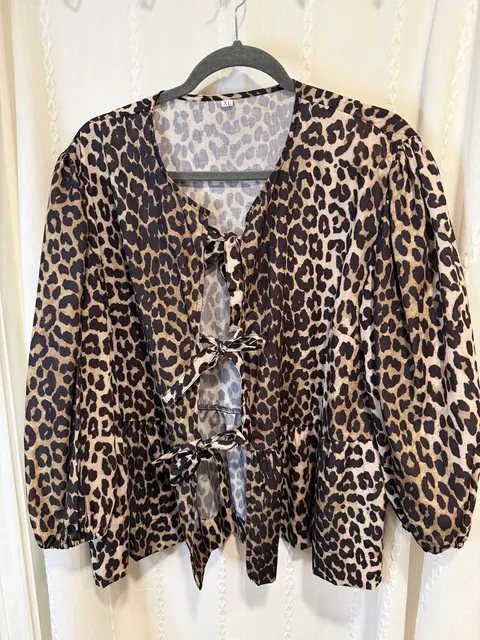 Womens XL Leopard Print Blouse Tie Front Peplum Puff Sleeve Animal Print Top
