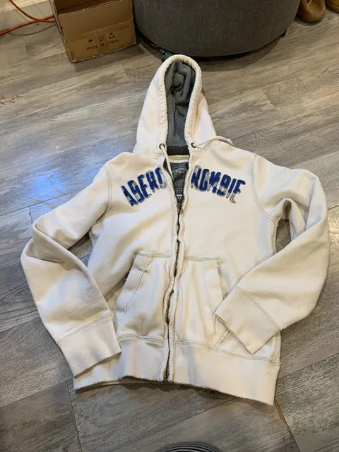 Abercrombie & Fitch Zip Up Hoodie Size Medium White Blue Applique