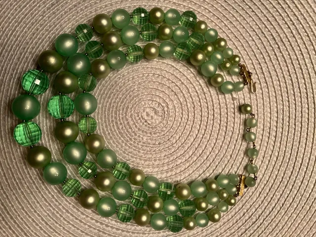Coro Vintage Triple Strand Green Art Glass Bead Necklace