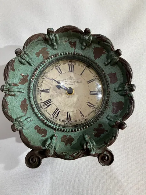 Vintage Hotel De Ville De Paris Metal Tabletop Desk Clock Green