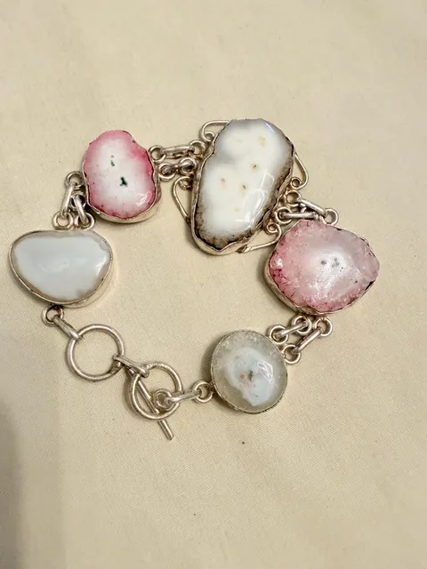 Handmade 925 Sterling Silver Pink & White Druzy Agate Toggle Bracelet