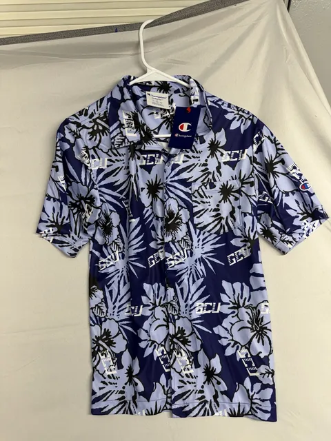 Champion Ultrafuse GCU Floral Button Down Shirt Size S Blue Hawaiian