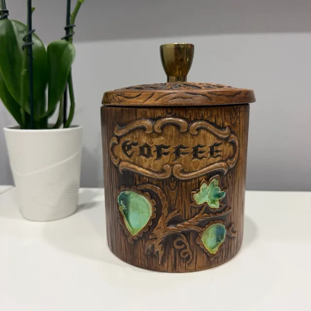 Treasure Craft Coffee Canister Wood Grain Embossed Green Leaf