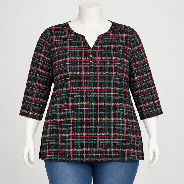 Karen Scott 3X Plaid Henley Top 3/4 Sleeve Cotton Blend NWT Black Multicolor