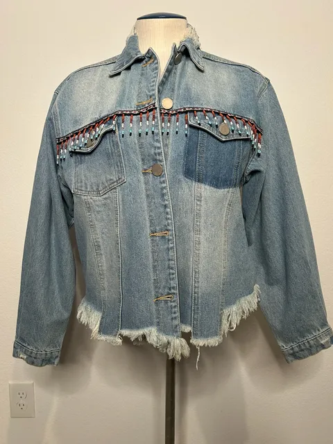 POL Beaded Fringe Denim Jacket Size M Blue Distressed Raw Hem
