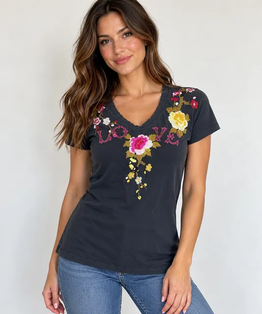 Johnny Was Estrella Tee Black Floral Embroidered V-Neck Top Medium