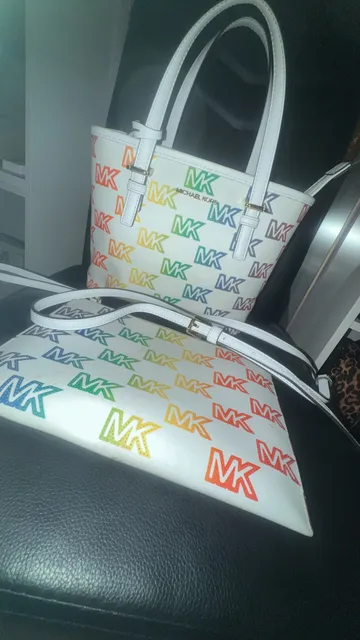 Michael Kors Jet Set Travel XS Carryall Tote Bag White Rainbow wristlet included