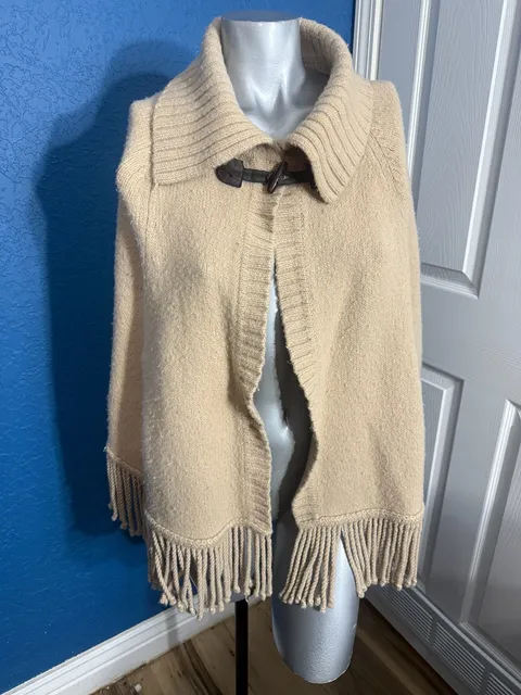 Lands’ End Wool Blend Poncho Cape S/M Oatmeal Fringe Toggle Oversized Collar