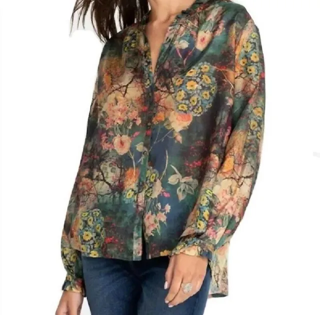 Johnny Was Traviata Leda Silk Button-Down Blouse Size Medium Floral Ruffle