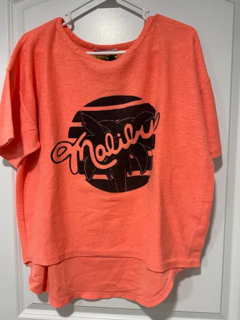 Vintage Malibu Terry Cloth Graphic Top Coral Pink Boxy Beach Surf Size M
