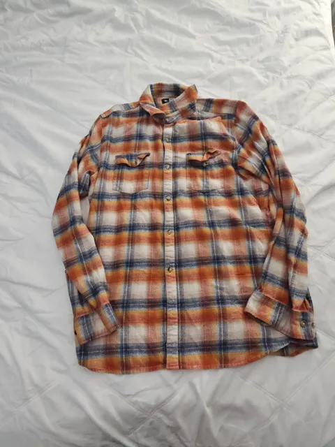 Rip Curl Flannel Shirt Size L Orange Plaid Long Sleeve Slim Fit