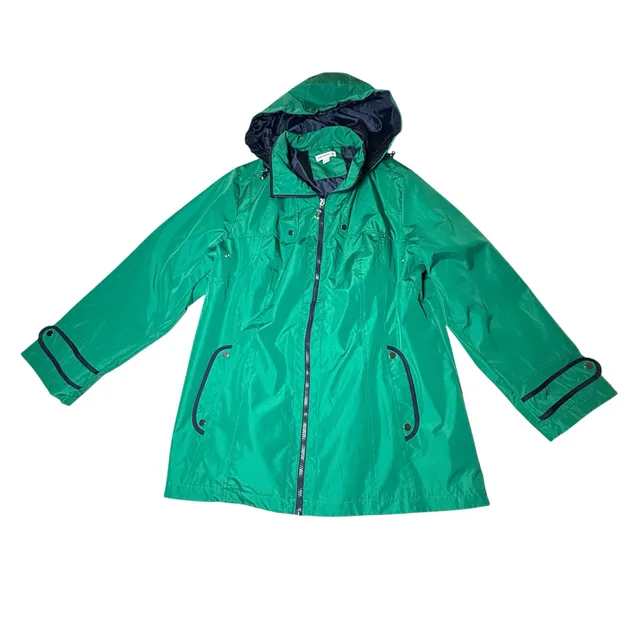 Susan Graver Green Rain Jacket Size 1X Hooded Zip Coat