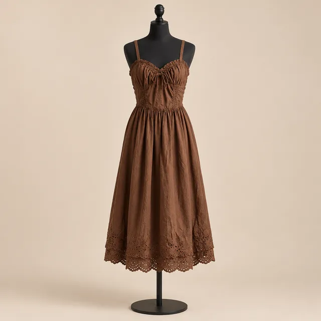 En Saison Midi Dress Size M Brown Eyelet Trim Cami Fit And Flare