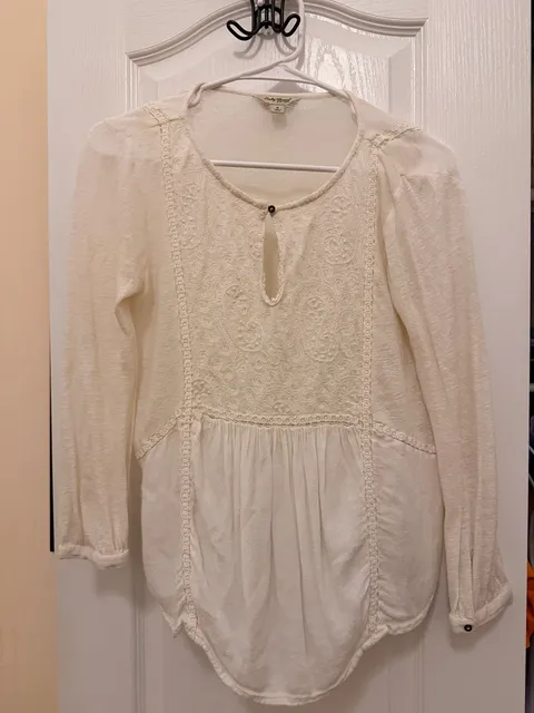 Lucky Brand Embroidered Peasant Blouse Size S Ivory Long Sleeve Boho Top