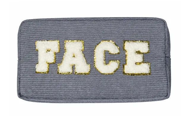 Face Corduroy Makeup Pouch Gray Gold Letters