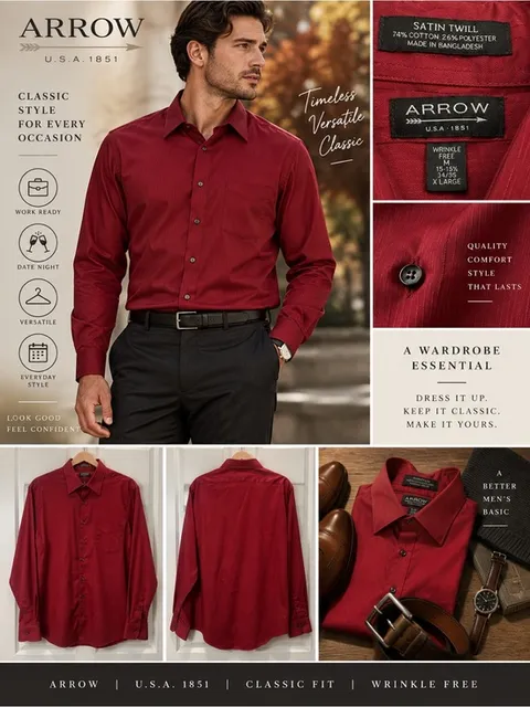 Arrow Men’s M Red Satin Twill Dress Shirt Wrinkle Free Long Sleeve Holiday