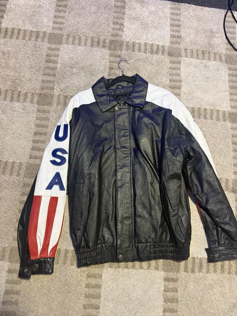 Oscar Piel Leather Jacket Size S USA Flag